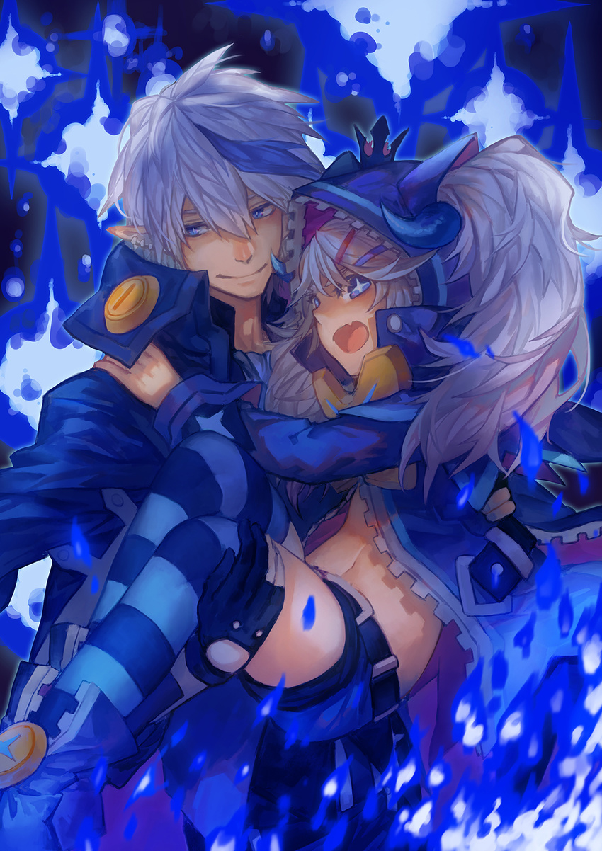 1girl :d blue blue_background blue_hair blue_legwear blue_shorts carrying chiliarch_(elsword) ciel_(elsword) coat crown dreadlord_(elsword) earrings elsword fang gloves hair_ornament hairclip highres hood hoodie horns jewelry long_hair luciela_r._sourcream midriff mini_crown mister_rhino_(wangzisama1001) multicolored_hair open_mouth partly_fingerless_gloves pointy_ears princess_carry shorts smile streaked_hair striped striped_legwear symbol-shaped_pupils thighhighs twintails two-tone_hair white_hair