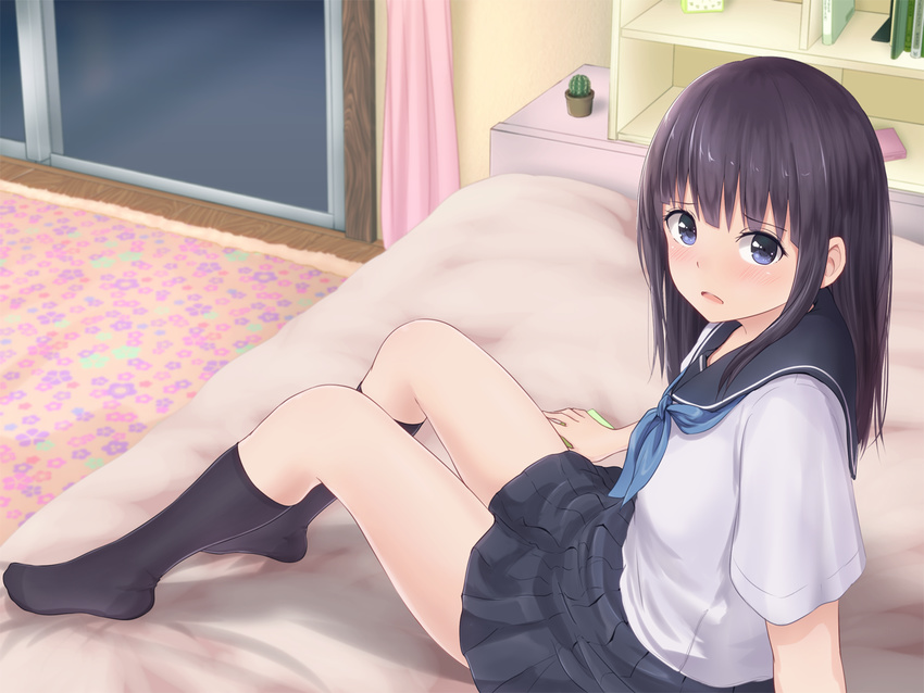 bad_id bad_pixiv_id bangs banned_artist black_hair black_legwear black_skirt blue_eyes blue_neckwear blush cactus commentary eyebrows_visible_through_hair from_side indoors kneehighs long_hair looking_at_viewer looking_to_the_side minagiku neckerchief no_shoes on_bed open_mouth original plant pleated_skirt potted_plant school_uniform serafuku short_sleeves skirt solo