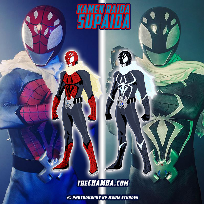 crossover dual_persona helmet highres jeffrey_cruz kamen_rider multiple_boys parody scarf spider-man spider-man_(series) superhero