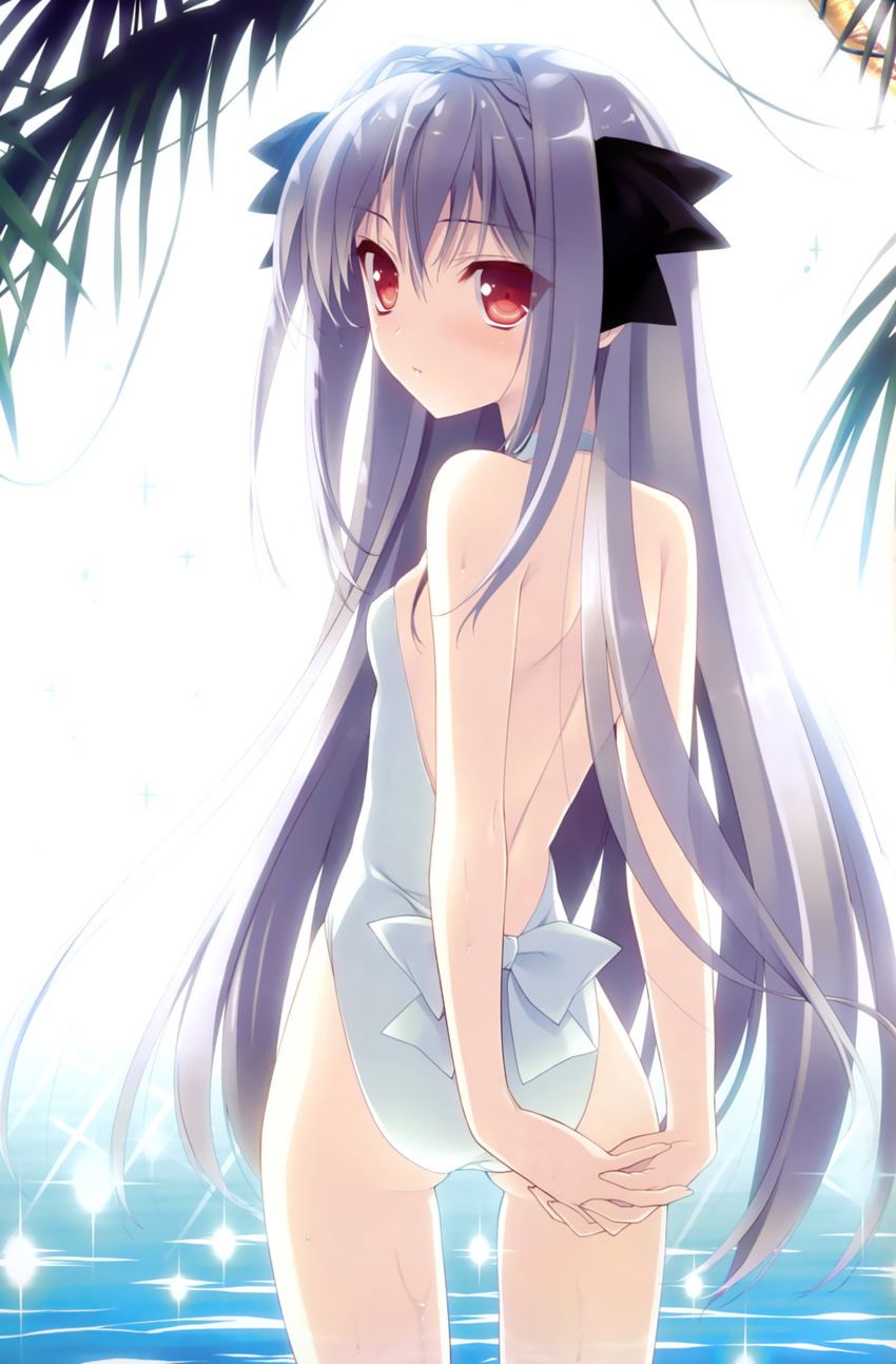 absurdres arms_behind_back ass backless_outfit bare_back bare_shoulders breasts casual_one-piece_swimsuit from_behind grey_hair highres long_hair looking_at_viewer looking_back one-piece_swimsuit red_eyes sakurakouji_luna scan small_breasts solo suzuhira_hiro swimsuit tsuki_ni_yorisou_otome_no_sahou