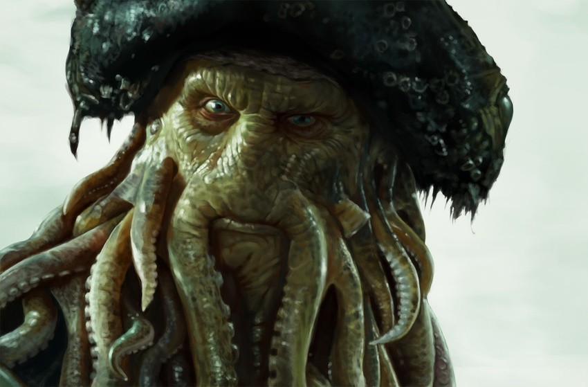 barnacle cocked_eyebrow commentary_request davey_jones face green_eyes hat male_focus monster_boy pirate_hat pirates_of_the_caribbean realistic shiny shiny_skin sketch solo tajim tentacles