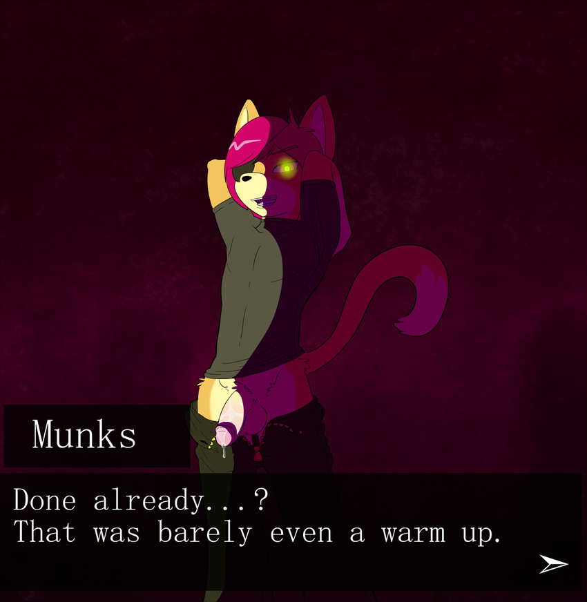 2013 balls cat dialogue exposed eye_patch eyewear feline glowing glowing_eyes hair jeans looking_at_viewer male mammal munks_(artist) munks_(character) penis pose red_hair solo