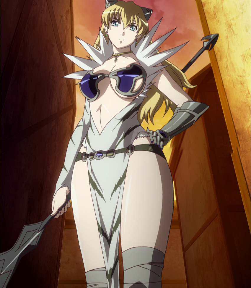 1girl angry armor belt blonde_hair blue_eyes bra breasts collar earrings elina female gauntlets highres jewelry large_breasts looking_down necklace queen's_blade queen's_blade solo spear standing stitched thighs underwear weapon