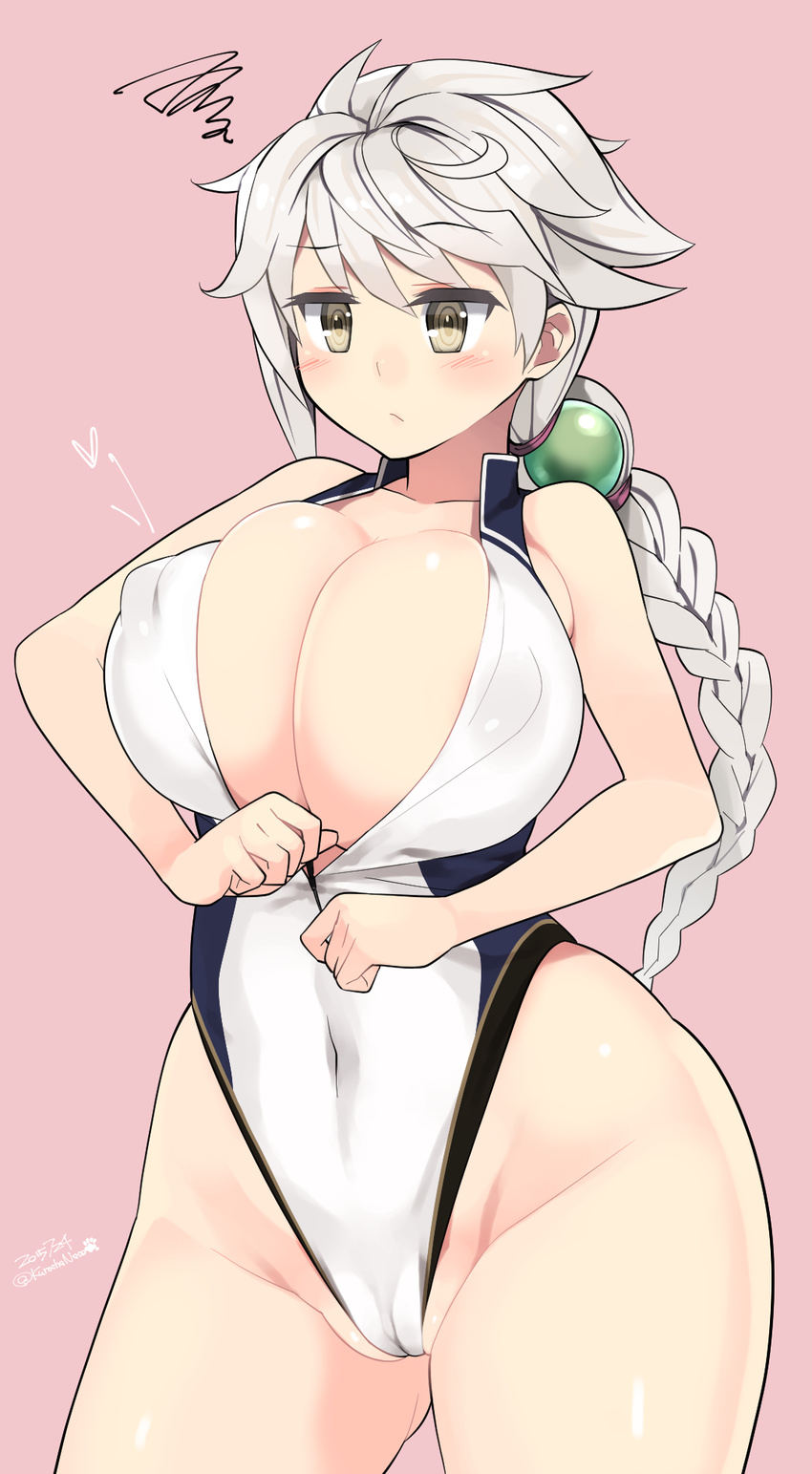 :/ areola_slip areolae bangs blush bow braid breasts brown_eyes cameltoe cleavage collarbone covered_navel covered_nipples cowboy_shot dated front_zipper_swimsuit groin hair_between_eyes hair_ornament heart highres huge_breasts inconvenient_breasts jitome kantai_collection kuro_chairo_no_neko large_breasts long_hair meme_attire one-piece_swimsuit partially_visible_vulva paw_print pink_bow shiny shiny_skin simple_background single_braid skindentation solo squiggle swimsuit twitter_username unryuu_(kantai_collection) white_hair zipper zipping