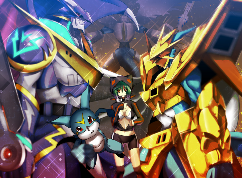 1girl armor bandai blue_armor breasts digimon digimon_world_re:digitize dragon dragon_wings dual_persona female full_armor gold green_hair horns imperialdramon imperialdramon_paladin_mode looking_at_viewer magnamon magnamon_x monster multiple_boys muscle royal_knights shinomiya_rina tail ulforceveedramon ulforceveedramon_x veemon wings