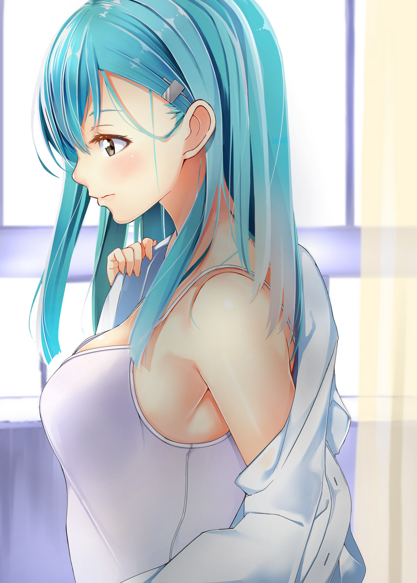 absurdres aqua_hair black_eyes blush breasts byte_(allbyte) from_side hair_ornament hairclip highres kantai_collection long_hair medium_breasts solo suzuya_(kantai_collection) tank_top undressing upper_body