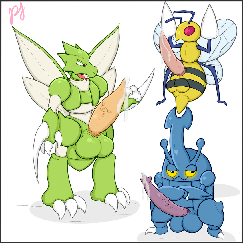 animal_genitalia arthropod balls bee beedrill beetle big_balls big_penis blush cum erection feral heracross horn huge_balls insect looking_at_viewer male mantis nintendo open_mouth penis pfh pok&eacute;mon red_eyes scyther simple_background tongue vein video_games