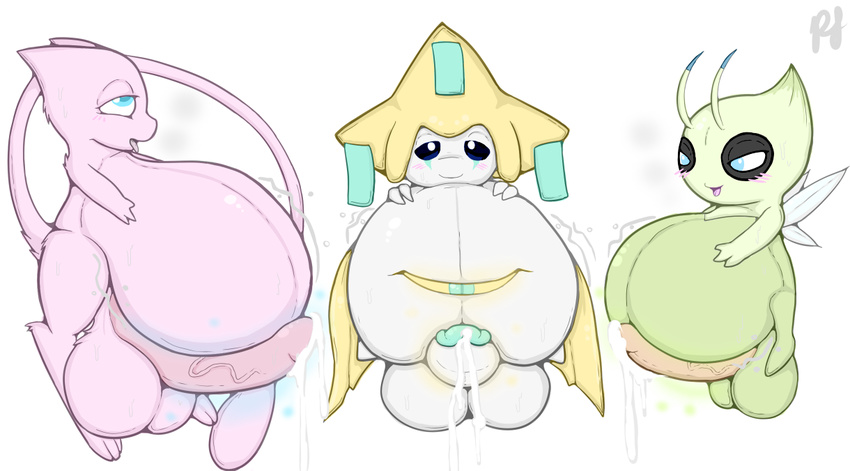 balls belly big_belly blue_eyes blush bulge celebi cum digestion erection group jirachi legendary_pok&eacute;mon looking_at_viewer male mammal mew nintendo nude open_mouth penis pfh pok&eacute;mon simple_background smile tongue video_games vore white_background