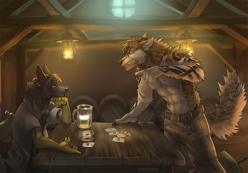 2015 abs alcohol anthro beer beverage biceps canine dog fluffy_tail food green_eyes husky jackal koul male mammal muscles pecs poker smile tattoo yellow_eyes