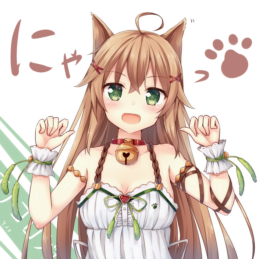 :d ahoge animal_ears arm_ribbon bell bell_collar blush brown_hair cat_ears collar enokorogusa_(flower_knight_girl) fang flower_knight_girl green_eyes hair_ornament hairclip happy highres long_hair looking_at_viewer nyan open_mouth paw_pose paw_print ribbon smile solo tsuchikure upper_body wrist_cuffs