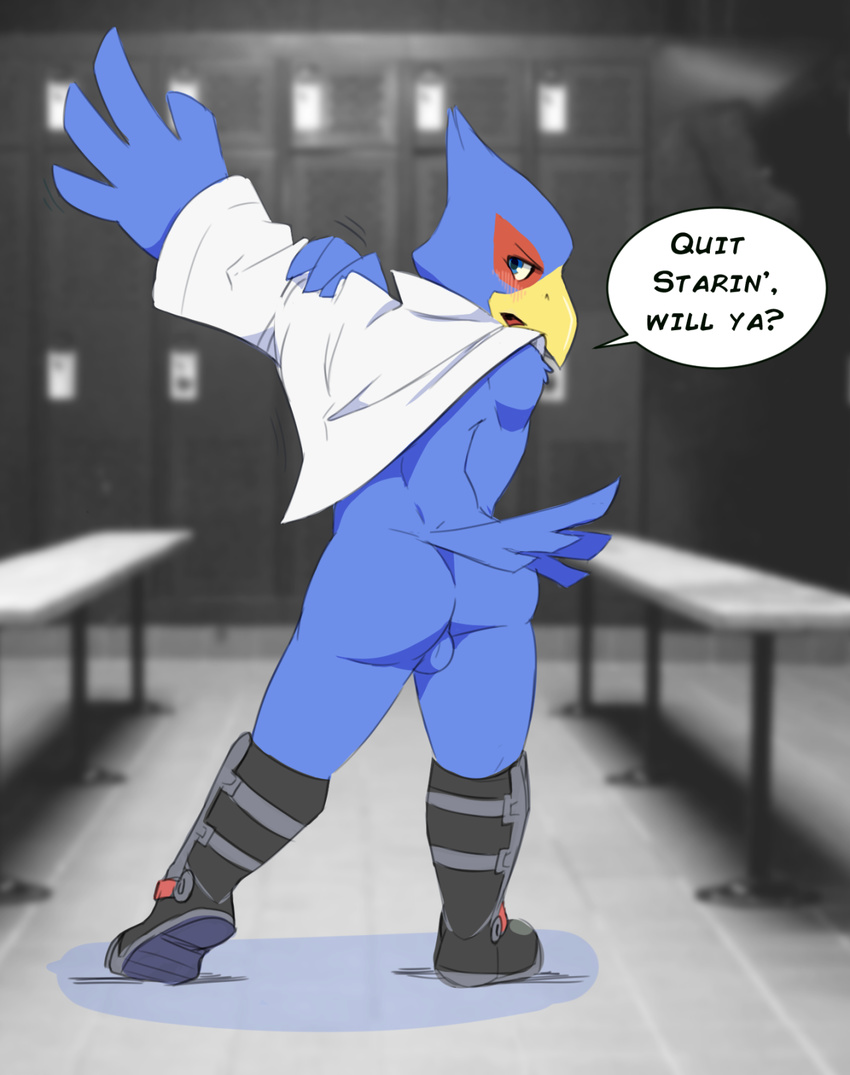 2015 avian balls beak blue_eyes blue_feathers blush boots bottomless butt clothed clothing dressing falco_lombardi feathers footwear half-dressed locker_room male nintendo permavermin speech_bubble star_fox video_games white_shirt