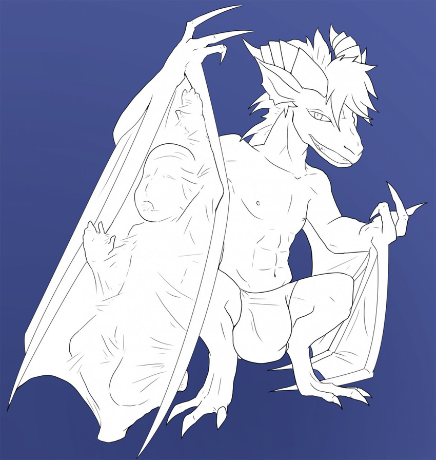 absorption animatics anthro balls bulge clothed clothing dragon flying_wyvern half-dressed human inviting looking_at_viewer male mammal monochrome muscles pecs penis scalie simple_background smile topless underwear vore wing_vore wings wyvern