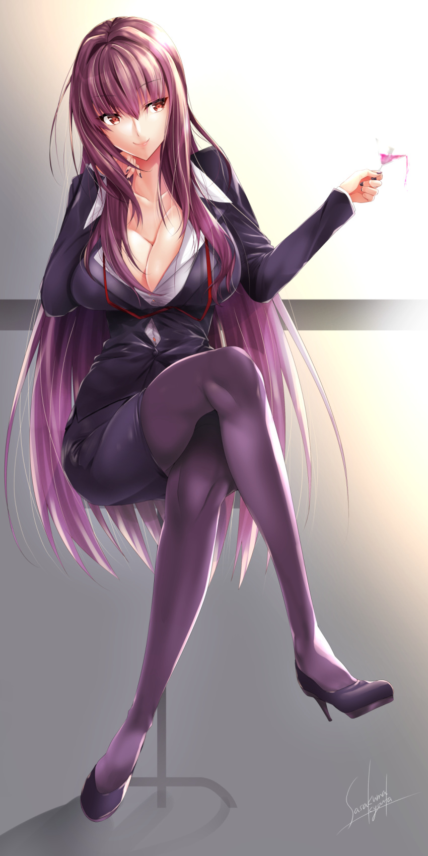 1girl bangs breasts buttons cleavage cocktail_glass collarbone commentary_request cup drinking_glass fate/grand_order fate_(series) formal gradient gradient_background high_heels highres large_breasts legs_crossed long_hair looking_to_the_side nail_polish office_lady open_clothes pantyhose red_eyes sasakuma_kyouta scathach_(fate)_(all) scathach_(fate/grand_order) shirt simple_background skirt skirt_suit smile solo spilling suit