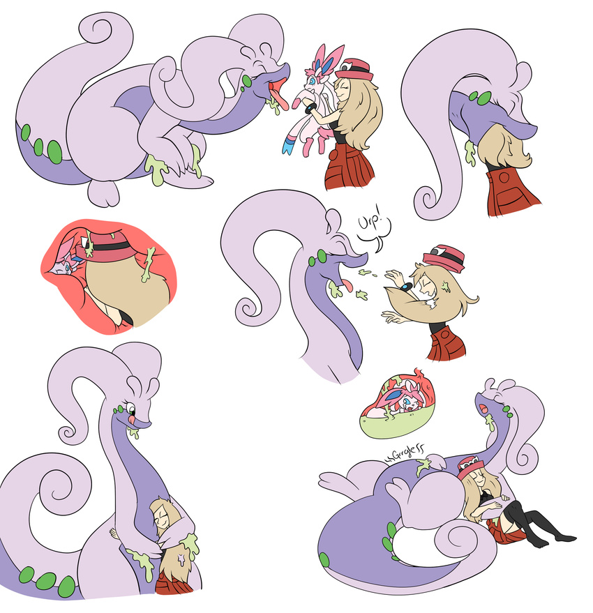 ambiguous_gender burping digestion dragga dragon drooling eeveelution feeding female forced goodra gurgle hug human internal line_art mammal nintendo oral_vore pok&eacute;mon saliva scalie simple_background size_difference slime sylveon tongue tongue_out trainer video_games vore