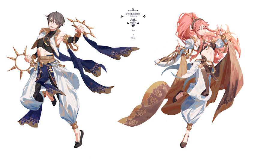 1boy 1girl azur_(fire_emblem) ballet_slippers bracelet bracer dancer fajyobore323 fire_emblem fire_emblem:_kakusei fire_emblem_if grey_eyes grey_hair jewelry lazward_(fire_emblem_if) long_hair looking_at_viewer mother_and_son nintendo olivia_(fire_emblem) pink_eyes pink_hair ponytail smile