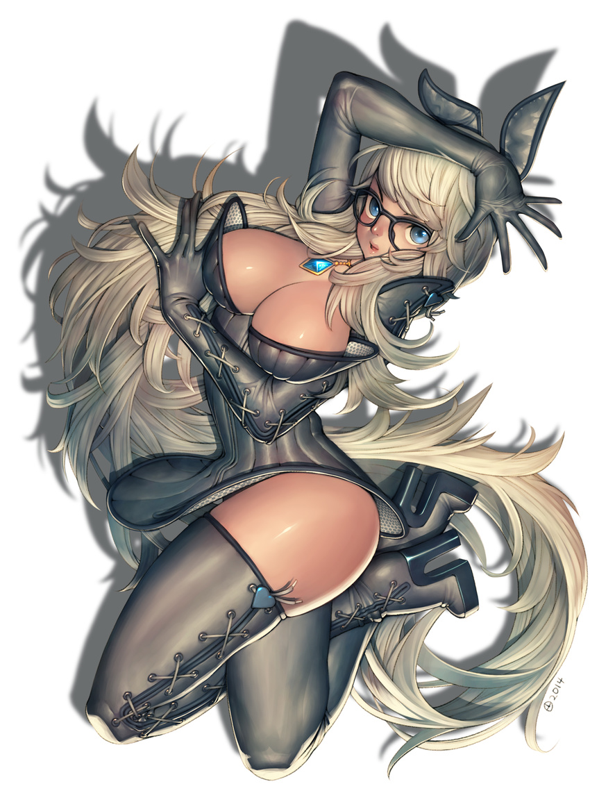 2014 alien1452 animal_ears blonde_hair blue_eyes boots breasts bunny_ears cleavage fake_animal_ears glasses heart high_heel_boots high_heels highres jewelry large_breasts legs long_hair open_mouth pendant silhouette simple_background smile solo thigh_boots thighhighs thighs white_background