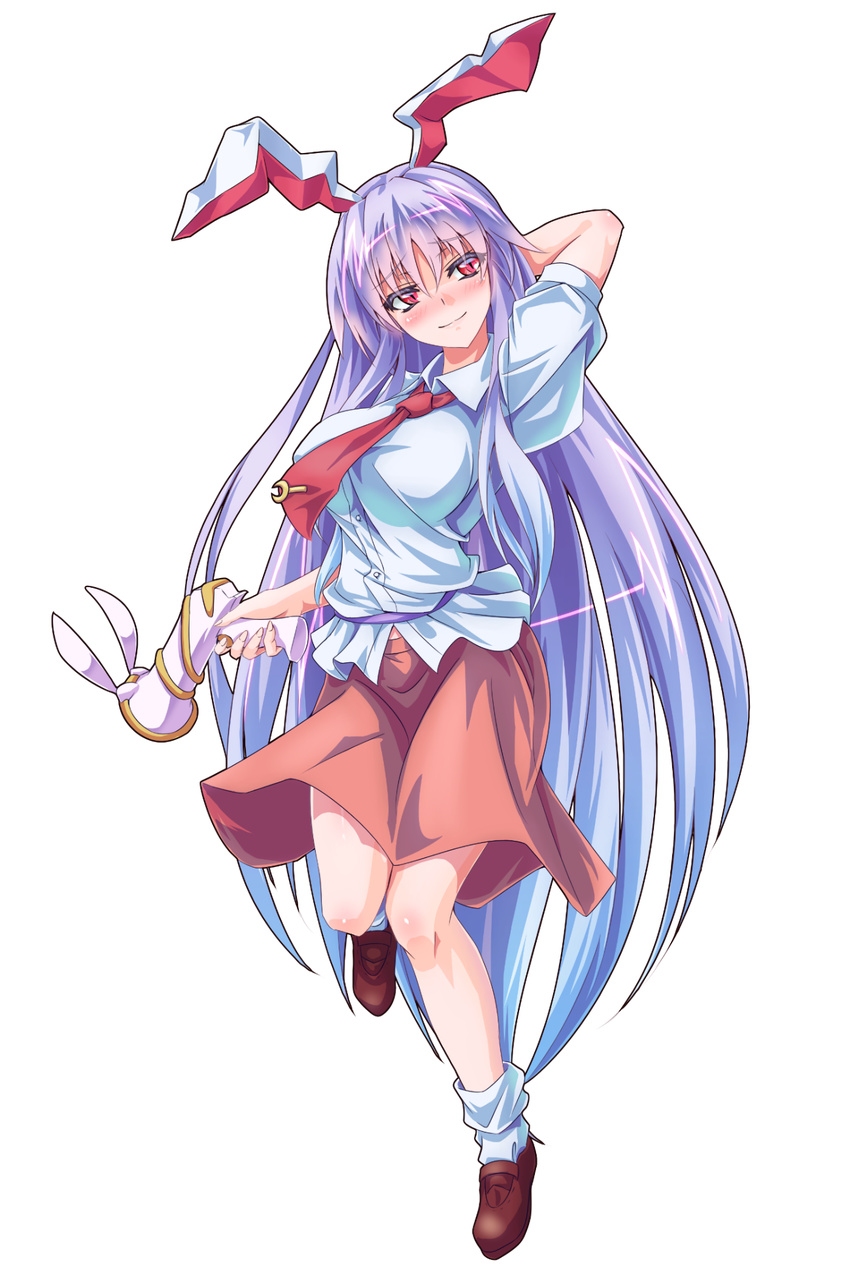 animal_ears arms_behind_back blush breasts bunny_ears full_body gun handgun highres large_breasts long_hair looking_away lunatic_gun purple_hair red_eyes reisen_udongein_inaba skirt smile solo tachi-e touhou transparent_background very_long_hair weapon zephid
