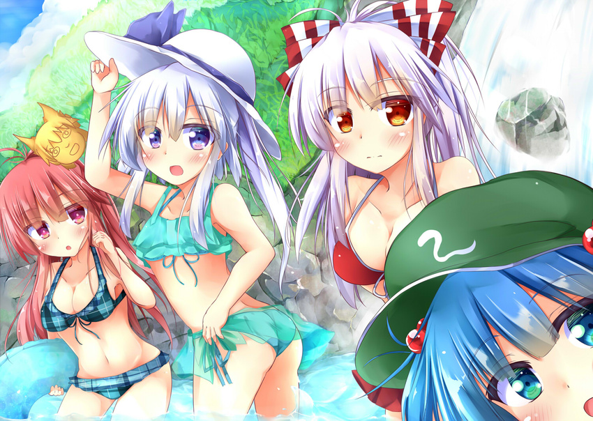 bikini blue_hair bow breasts fujiwara_no_mokou hair_bobbles hair_bow hair_ornament hat hata_no_kokoro kawashiro_nitori kuzumomo long_hair mask medium_breasts mononobe_no_futo multiple_girls new_mask_of_hope pink_eyes pink_hair plaid plaid_bikini ponytail red_eyes short_hair silver_hair sun_hat swimsuit touhou toyosatomimi_no_miko water waterfall