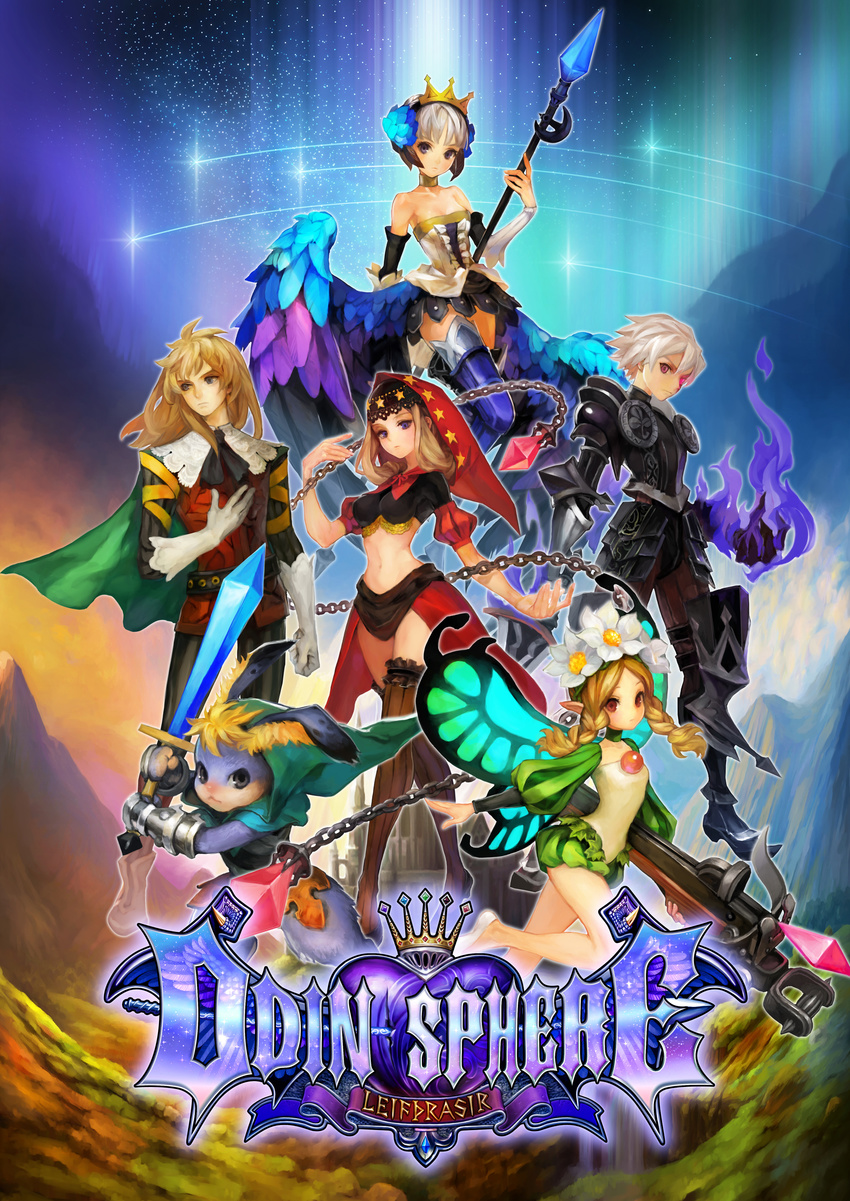 3girls absurdres armor aura blonde_hair bow_(weapon) butterfly_wings cape cornelius_(odin_sphere) crossbow dual_persona fairy feathered_wings flower furry george_kamitani gwendolyn hair_flower hair_ornament highres hood logo mercedes midriff mountain multiple_boys multiple_girls navel odin_sphere official_art oswald shooting_star silver_hair spear star_(sky) starry_sky sword thighhighs tiara twin_braids vanillaware velvet_(odin_sphere) weapon whip wings