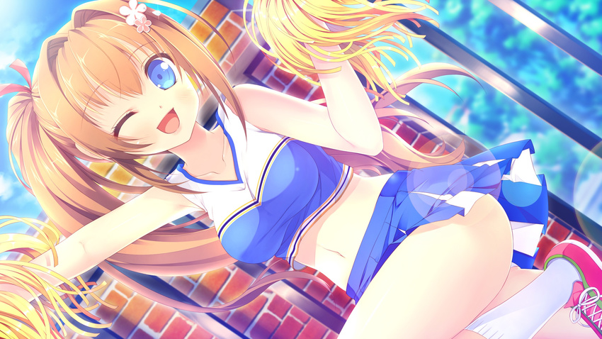 ;d bangs blue_eyes blunt_bangs blush cheerleader collarbone dutch_angle flower game_cg hair_flower hair_ornament highres long_hair love_rec. midriff miniskirt narumi_yuu_(bunbukudou) navel one_eye_closed open_mouth orange_hair panties pleated_skirt ponytail shoes skirt smile solo underwear white_legwear white_panties yashinaga_chiho