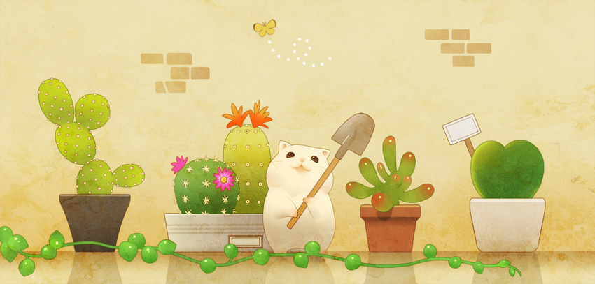 animal brick_wall bug butterfly cactus commentary_request hamster insect no_humans original otoufu_(12488682) pincushion_cactus plant potted_plant prickly_pear_cactus shovel solo