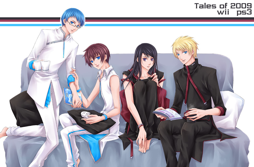 4boys asbel_lhant bad_id bad_pixiv_id barefoot blue_eyes blue_hair brown_hair flynn_scifo game_console glasses hands hubert_ozwell long_hair male_focus multiple_boys playstation_3 sleeveless tales_of_(series) tales_of_graces tales_of_vesperia wii yuki_(port_fairy) yuri_lowell