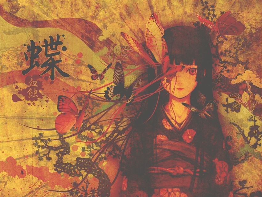 abe_yoshitoshi bangs black_hair blunt_bangs bow branch bug butterfly enma_ai flower hair_bow highres hime_cut insect japanese_clothes jigoku_shoujo kimono leaf lips lipstick long_hair makeup red_eyes solo wallpaper