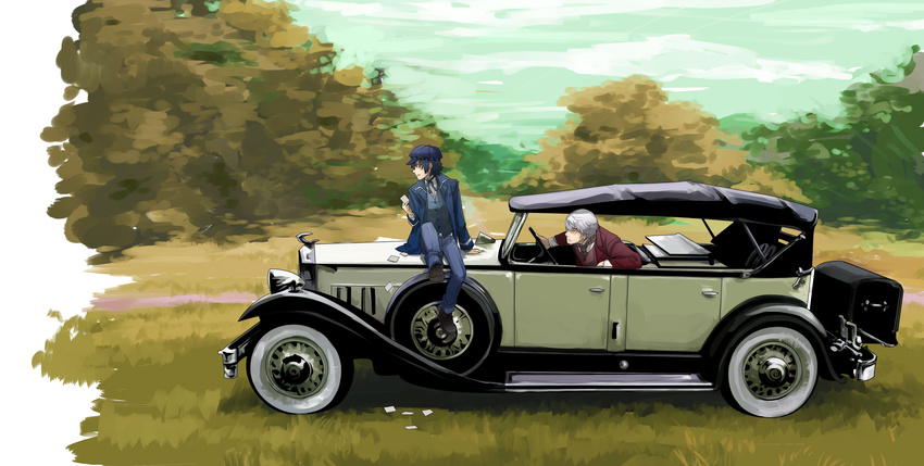 1girl absurdres androgynous blazer blue_hair bow bowtie cabbie_hat car driving grass ground_vehicle hat highres jacket mizuno_(hal0527) motor_vehicle narukami_yuu on_vehicle pants parody persona persona_4 reverse_trap sherlock_holmes shirogane_naoto shoes short_hair the_adventures_of_sherlock_holmes tree waistcoat white_hair