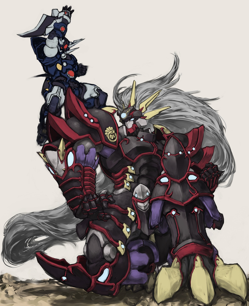 highres kneeling long_hair mecha no_humans rasatsuki_arkon shizentai silver_hair simple_background super_robot_wars super_robot_wars_og_saga_mugen_no_frontier super_robot_wars_og_saga_mugen_no_frontier_exceed very_long_hair