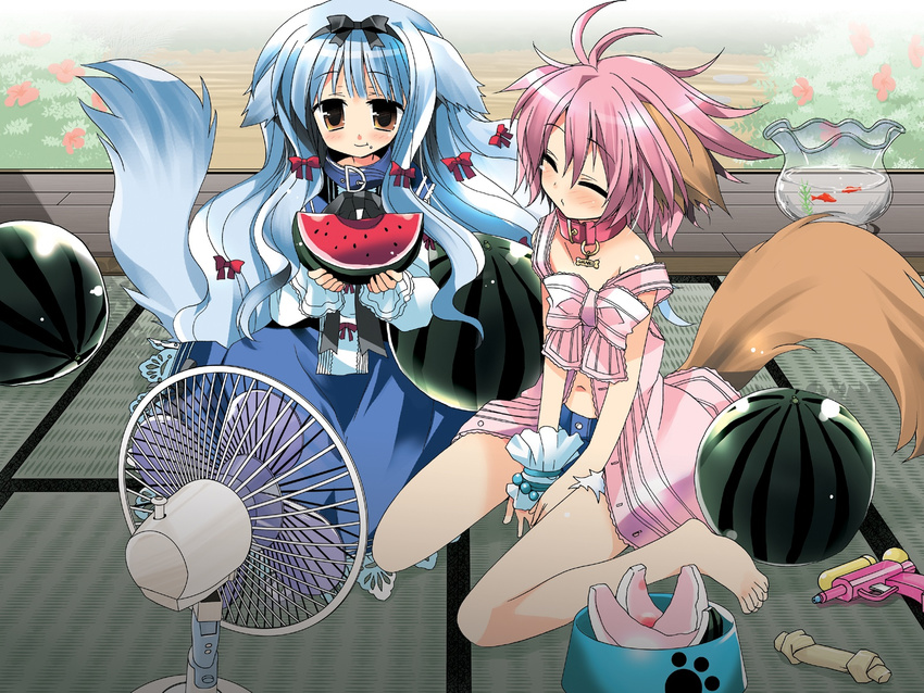 animal_ears araki_kanao barefoot blush bow child closed_eyes collar denim denim_shorts dog_ears dog_tail dress eating electric_fan feet fish food food_on_face fruit hair_ribbon hairband highres lily_(wanko) long_hair multiple_girls navel ribbon short_hair shorts sitting smile strap_slip tail tatami very_long_hair wallpaper wanko wanko_to_lily wariza water_gun watermelon white_hair wrist_cuffs yellow_eyes