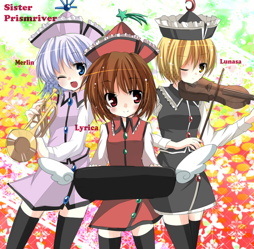 bad_id bad_pixiv_id black_legwear blonde_hair blue_eyes bow_(instrument) brown_eyes brown_hair dress fujishiro_emyu hat highres instrument keyboard_(instrument) lavender_hair lunasa_prismriver lyrica_prismriver merlin_prismriver multiple_girls one_eye_closed orange_eyes red_eyes short_hair siblings sisters smile thighhighs touhou trumpet violin white_hair yellow_eyes zettai_ryouiki