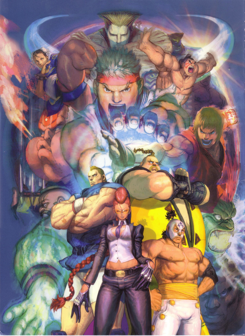 6+boys abel_(street_fighter) abs absurdres balrog black_hair blanka blonde_hair braid brown_hair chun-li crimson_viper crossed_arms dhalsim el_fuerte fire gloves green_skin guile headband highres ikeno_daigo ken_masters long_hair m_bison multiple_boys multiple_girls muscle necktie official_art pantyhose pompadour red_hair rufus_(street_fighter) ryuu_(street_fighter) sagat standing street_fighter sunglasses vega vest wrestler zangief