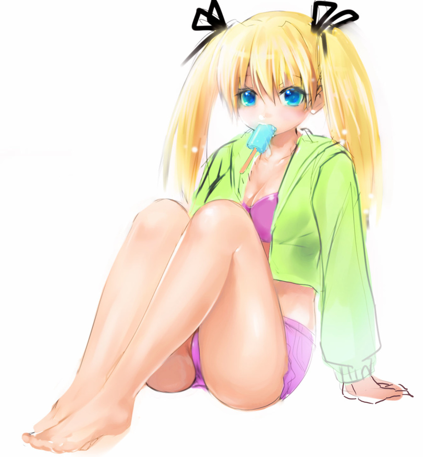 airspace amber_quartz arm_support bad_id bad_pixiv_id barefoot blonde_hair blue_eyes bow breasts cleavage face feet food full_body hair_bow highres long_hair medium_breasts mochizuki_nayuta mouth_hold popsicle shorts simple_background sitting sketch solo twintails white_background