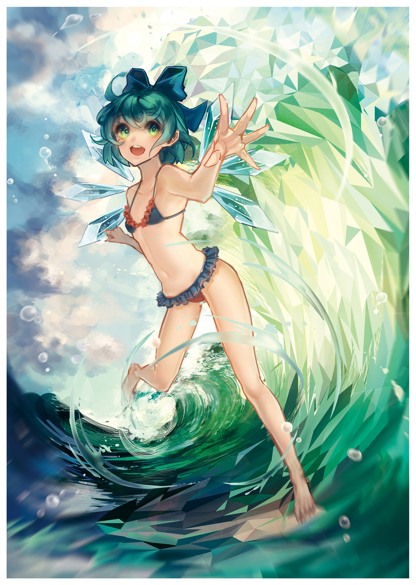 absurdres bikini blue_hair bow breasts cirno crosshair frilled_bikini frills green_eyes hair_bow highres ice open_mouth outstretched_hand sai_ichirou short_hair small_breasts smile solo strap_gap swimsuit touhou waves wings