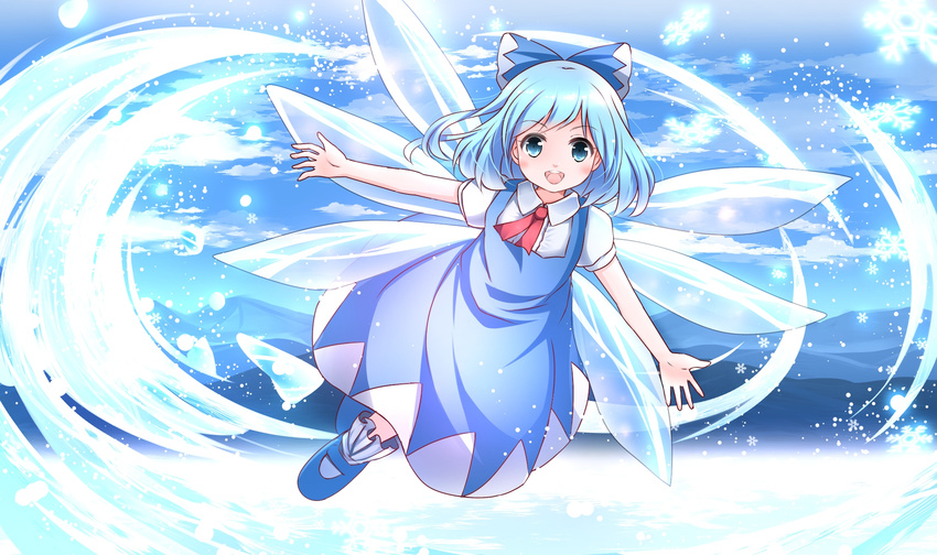 blue_dress blue_eyes blue_hair blue_sky bow cirno cloud collared_shirt dress hair_bow highres ice ice_wings looking_at_viewer open_mouth puffy_short_sleeves puffy_sleeves risutaru shirt shoes short_hair short_sleeves sky smile solo touhou wings
