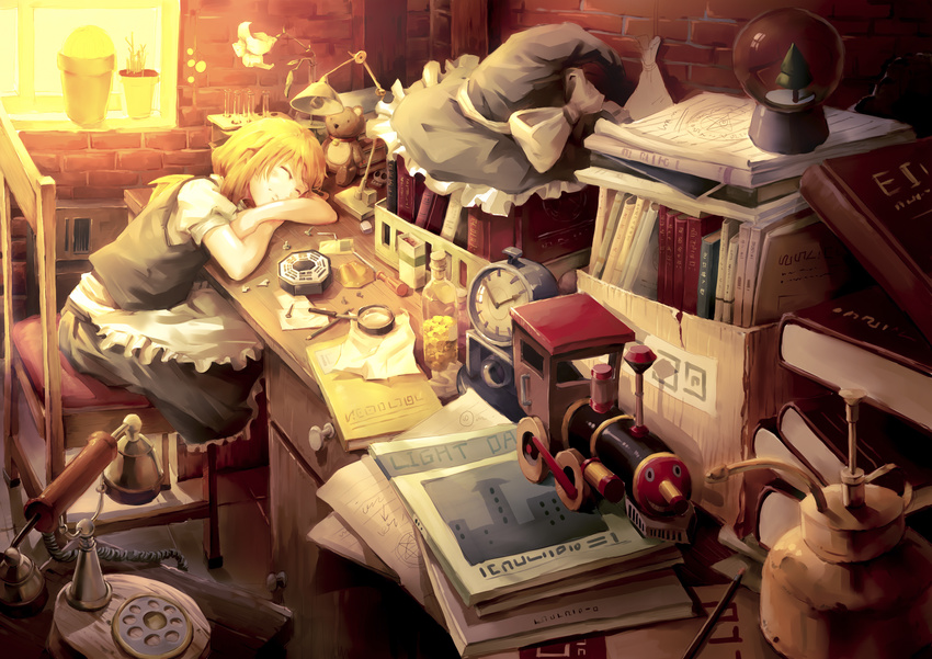 absurdres alarm_clock apron blonde_hair book book_stack bottle box brick_wall chair chen_bin clock desk desk_lamp flower hat hat_removed headwear_removed highres indoors kirisame_marisa lamp long_hair magazine magnifying_glass mini-hakkero phone plant potted_plant puffy_short_sleeves puffy_sleeves rotary_phone screwdriver short_sleeves skirt skirt_set sleeping snow_globe solo stuffed_animal stuffed_toy teddy_bear touhou toy_train waist_apron window witch_hat