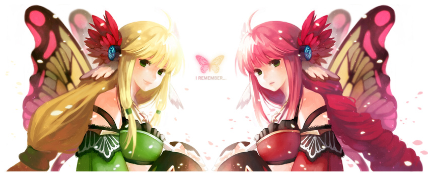 blonde_hair breasts bug butterfly butterfly_wings green_eyes highres insect large_breasts long_hair looking_at_viewer multicolored multicolored_wings multiple_girls pink_hair rednian simple_background smile tartaros_online white_background wings