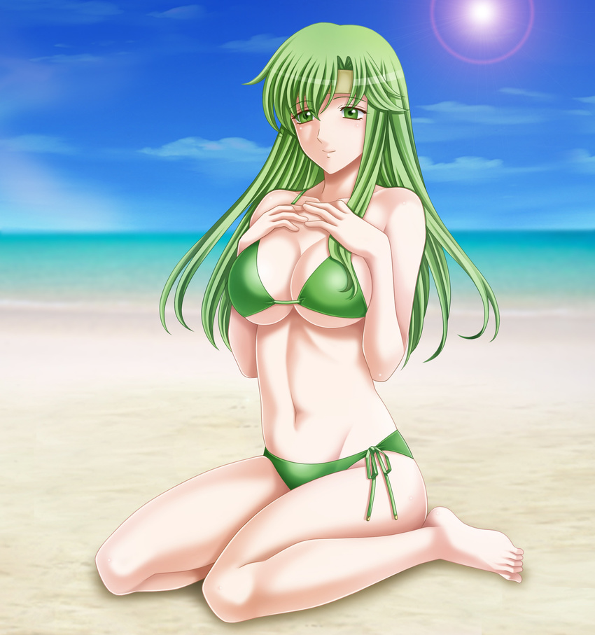 barefoot beach bikini breasts cleavage day fire_emblem fire_emblem:_monshou_no_nazo green_eyes green_hair headband highres large_breasts long_hair navel ocean paola sitting sky smile solo swimsuit tamamon water