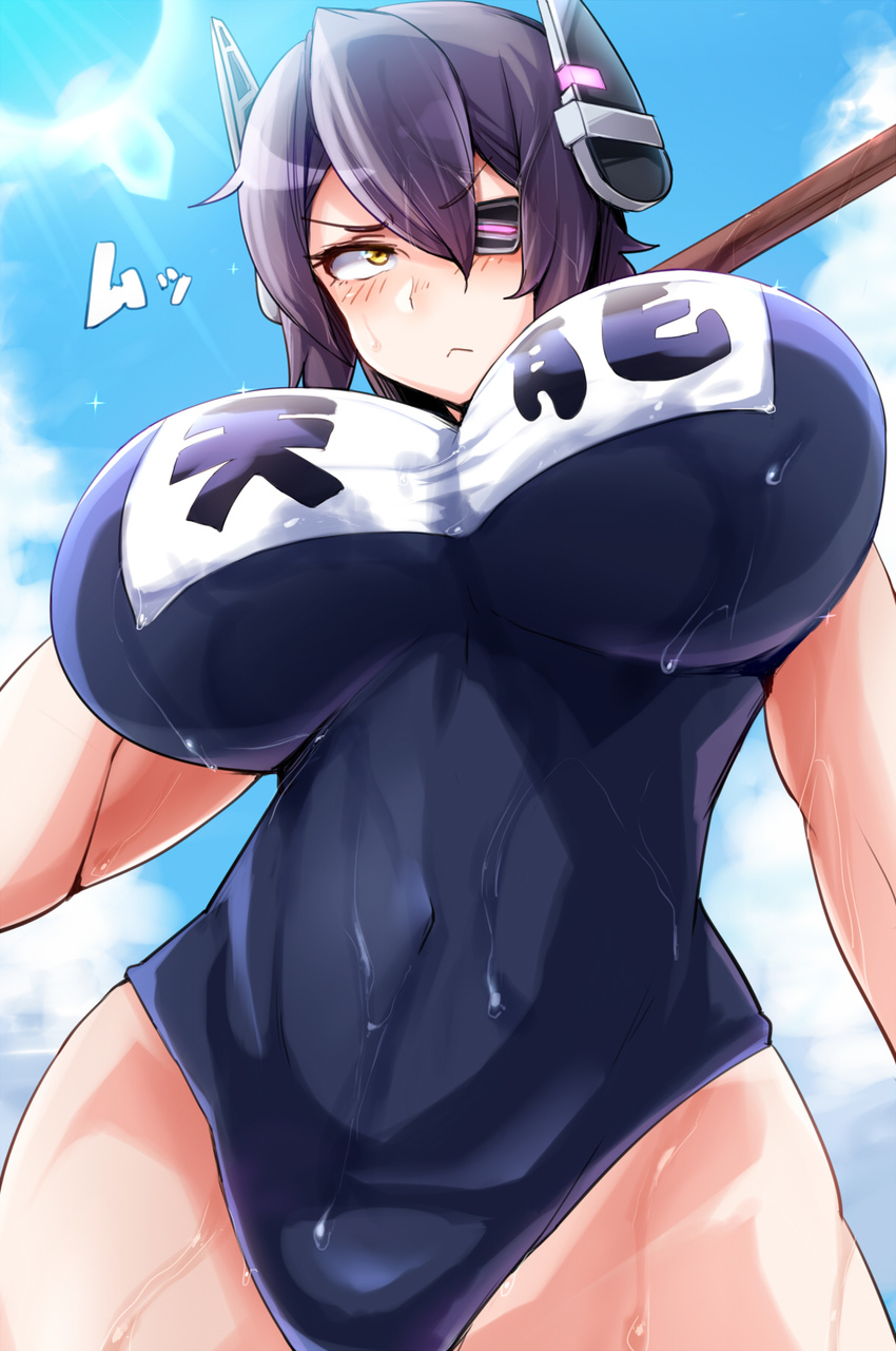 :&lt; blush breasts covered_navel eyepatch headgear highres huge_breasts impossible_clothes impossible_swimsuit kantai_collection mumumu_(three_emu) one-piece_swimsuit purple_hair school_swimsuit short_hair solo swimsuit tenryuu_(kantai_collection) wet yellow_eyes