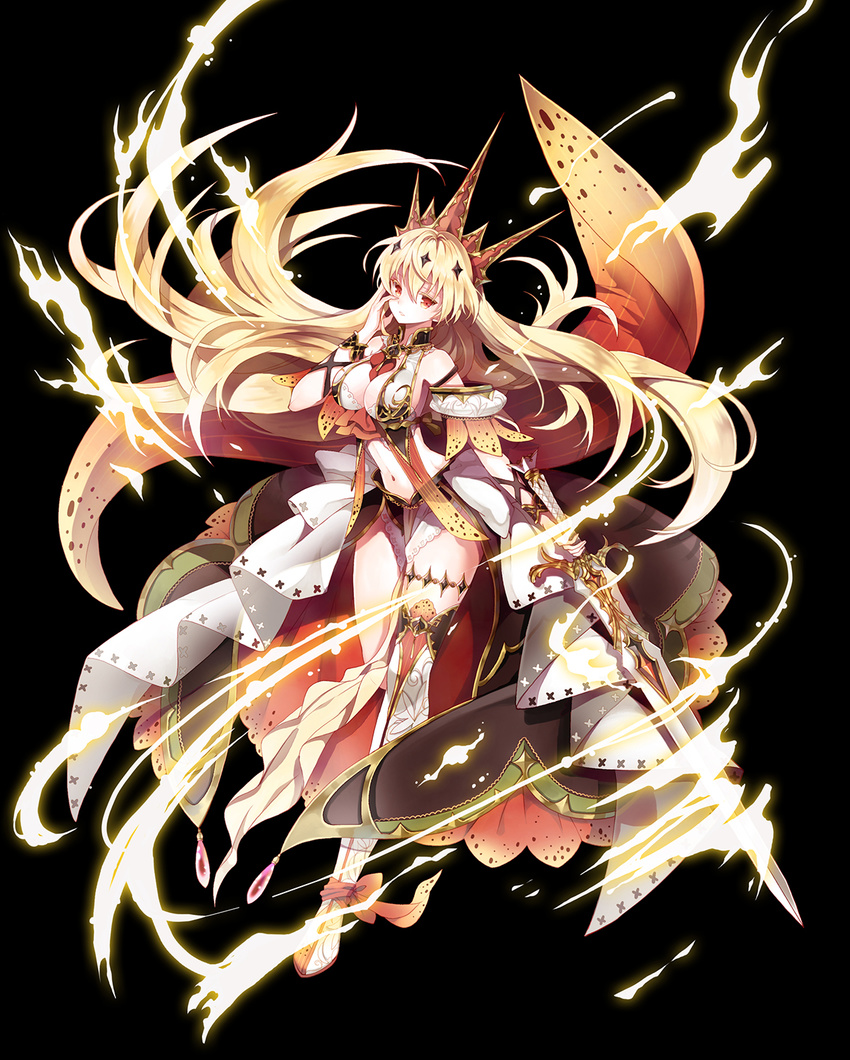 black_background blonde_hair breasts highres long_hair looking_at_viewer medium_breasts navel original red_eyes rednian simple_background solo sword very_long_hair weapon