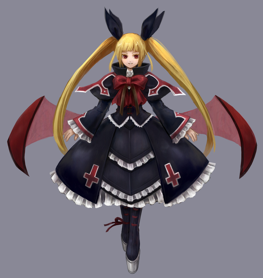 azami bad_id bad_pixiv_id bat bat_wings blazblue blonde_hair bow dress frills full_body highres lolita_fashion long_hair looking_at_viewer rachel_alucard red_bow red_eyes red_wings ribbon smile solo standing twintails very_long_hair wings