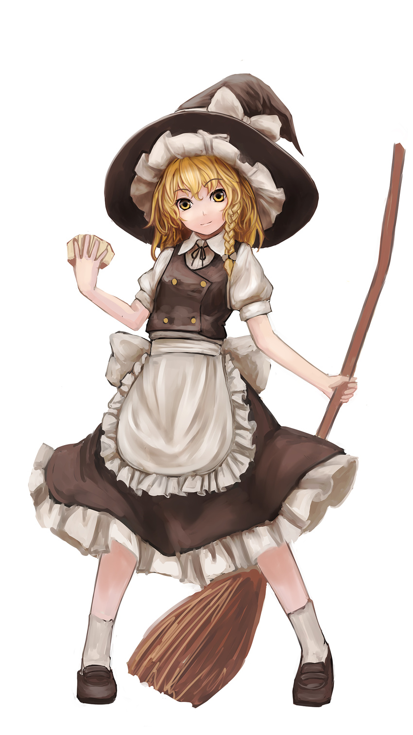 absurdres apron bad_id bad_pixiv_id blonde_hair bow braid broom hat hat_bow highres kirisame_marisa looking_at_viewer mini-hakkero nishi_masakazu puffy_short_sleeves puffy_sleeves shirt short_sleeves single_braid skirt skirt_set solo touhou vest waist_apron witch_hat yellow_eyes