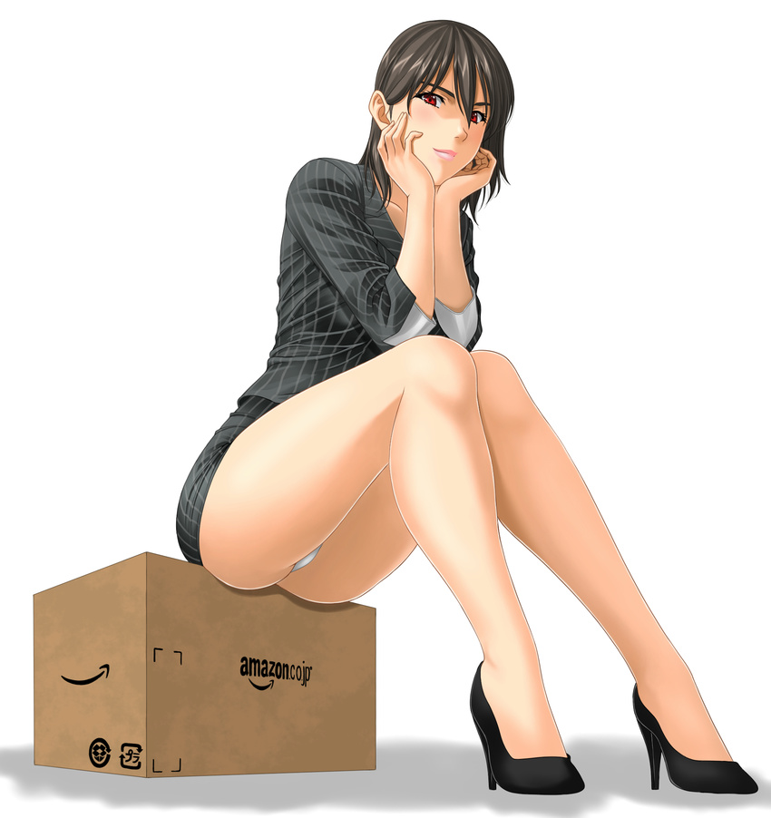 amazon_(company) bad_id bad_pixiv_id black_hair blush box business_suit cardboard_box formal high_heels highres long_hair looking_at_viewer muryuuin_tayun original panties pantyshot pantyshot_(sitting) pinstripe_suit red_eyes sitting smile solo striped suit underwear white_panties