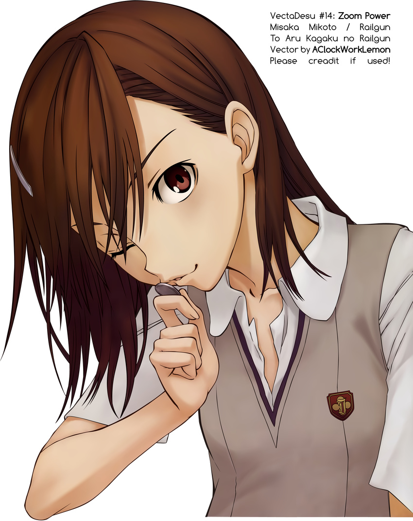 1girl absurdres brown_eyes brown_hair extraction high_resolution highres misaka_mikoto one_eye_closed simple_background solo to_aru_kagaku_no_railgun to_aru_majutsu_no_index transparent_background vector_trace very_high_resolution wink