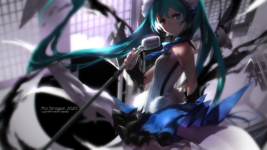 7th_dragon_(series) 7th_dragon_2020 aqua_eyes aqua_hair bad_id bad_pixiv_id bare_shoulders detached_sleeves hatsune_miku highres long_hair looking_at_viewer microphone microphone_stand shirt skirt solo swd3e2 torn_clothes torn_sleeves twintails very_long_hair vocaloid