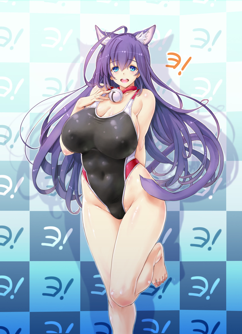 ahoge animal_ears asobi_ni_iku_yo! bell bell_collar blue_eyes blush breasts cat_ears collar competition_swimsuit highres kiyama_satoshi kuune large_breasts legs_folded long_hair one-piece_swimsuit open_mouth purple_hair smile solo swimsuit very_long_hair