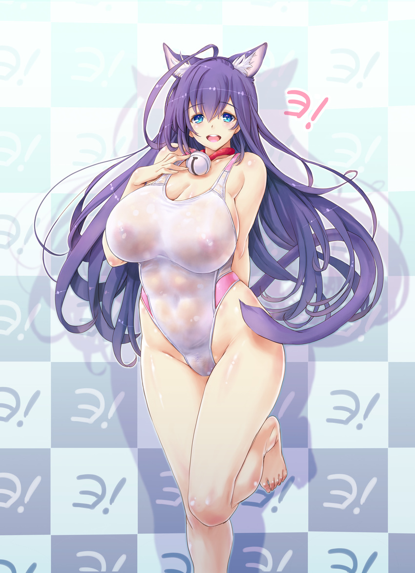 ahoge animal_ears asobi_ni_iku_yo! bell bell_collar blue_eyes blush breasts cat_ears collar competition_swimsuit highres kiyama_satoshi kuune large_breasts legs_folded long_hair one-piece_swimsuit open_mouth purple_hair see-through smile solo swimsuit very_long_hair