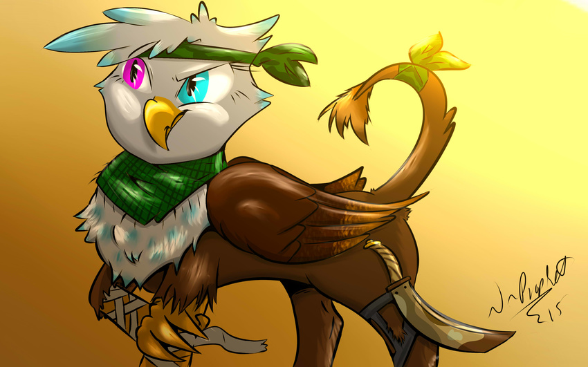 2015 avian bandage bandanna beak blue_eyes brown_fur camo claws feathers female friendship_is_magic fur gryphon mammal my_little_pony n-prophet purple_eyes raised_tail scarf scimtar smile weapon wings