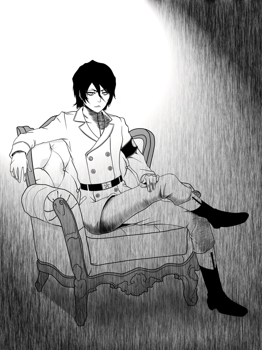 armband bleach bleach:_the_thousand-year_blood_war boots chair crossed_legs gloves greyscale highres male_focus military military_jacket military_uniform monochrome solo uniform wandenreich yhwach younger