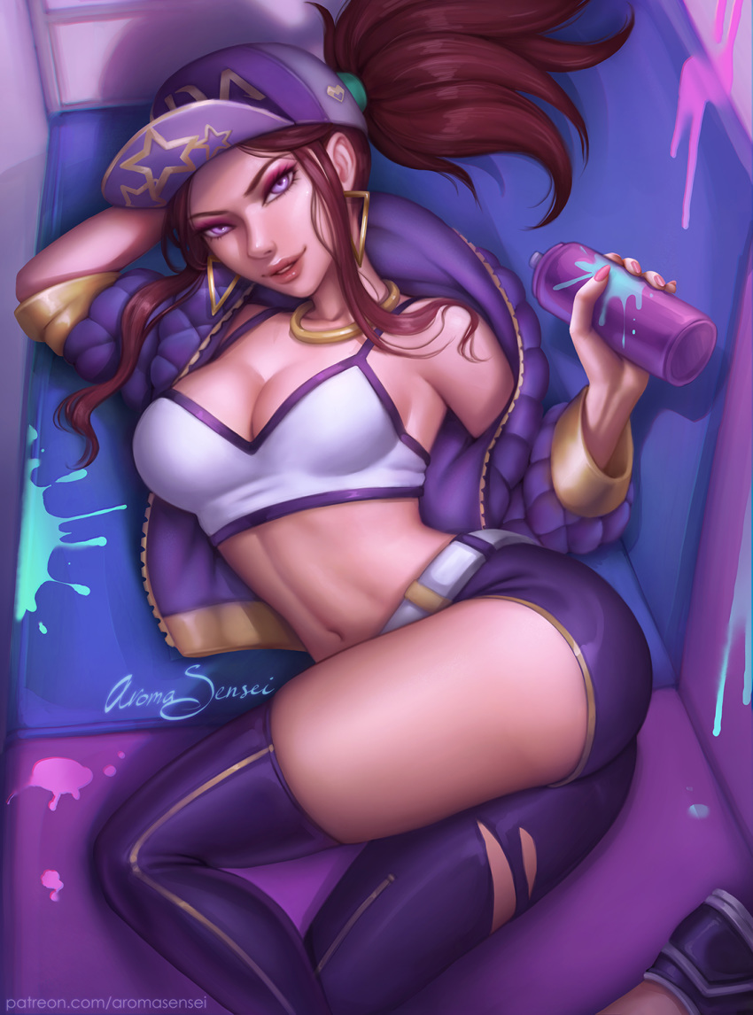 1girl akali arm_up aroma_sensei asymmetrical_clothes asymmetrical_legwear baseball_cap belt breasts cleavage cropped_jacket earrings eyeshadow hat highres holding idol jacket jewelry k/da_(league_of_legends) k/da_akali large_breasts league_of_legends looking_at_viewer lying makeup midriff nail_polish navel necklace on_side open_clothes open_jacket paint_splatter parted_lips patreon_username ponytail purple_eyes red_hair shoes signature single_pantsleg single_thighhigh smile solo spray_can tank_top thighhighs torn_clothes watermark web_address